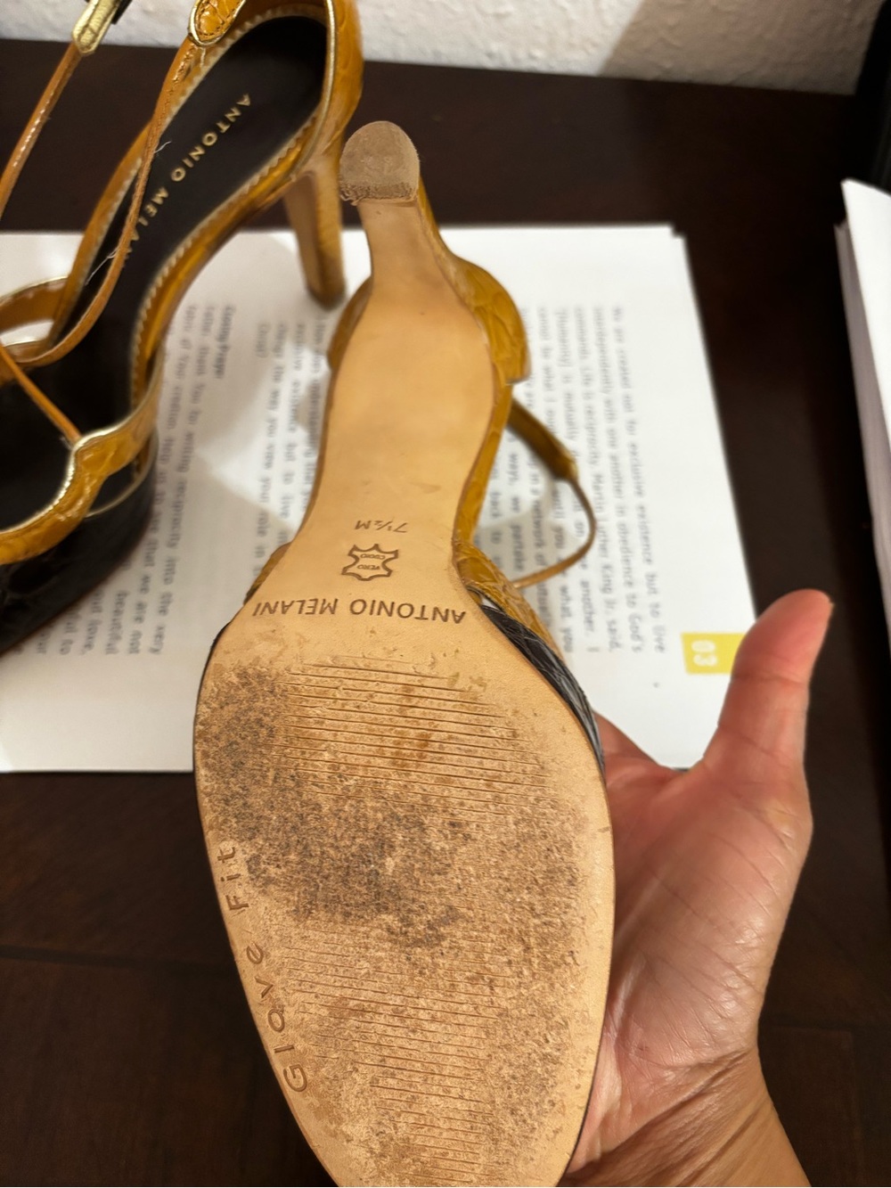 ANTONIO MELANI Brown & Mustard Croc-Embossed Strappy Heels - Picture 5 of 6
